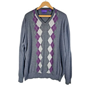 Alan Flusser Sweater XL Cashmere Cotton Mens Argyle Gray Purple Preppy Academia